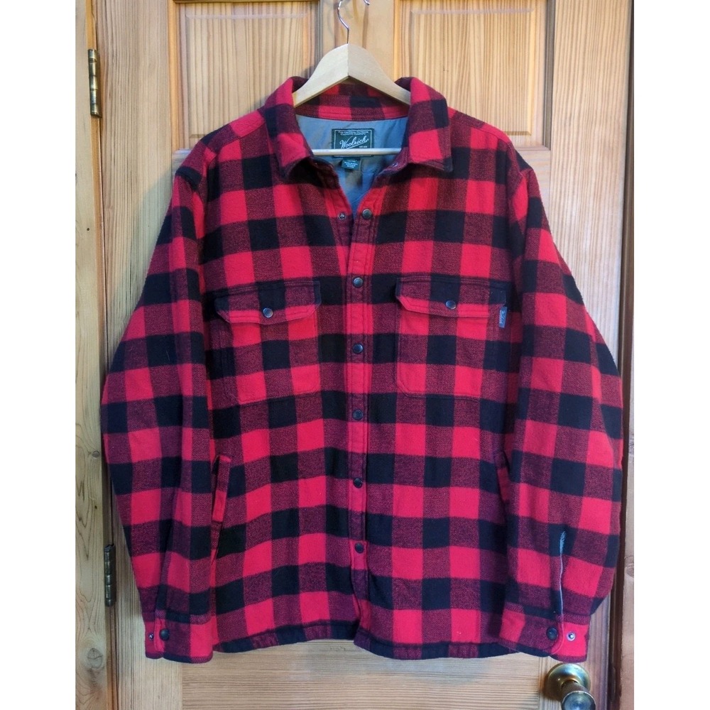 Woolrich Mens XL Buffalo Plaid Cotton Quilted Flannel Shirt Jacket Shacket Red